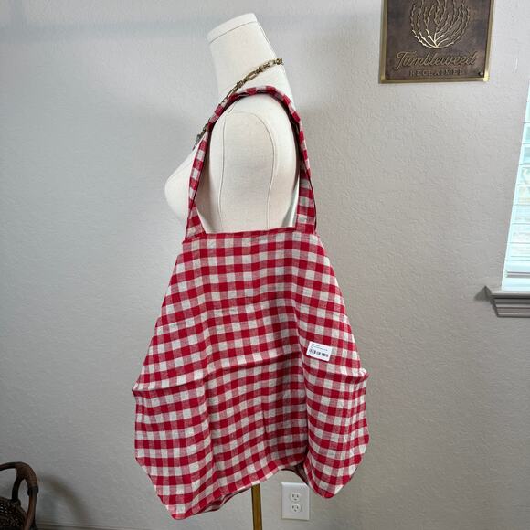 Women's Linen Tales Red Gingham 100% Linen Big Bag Tote Carryall NEW - Picture 2 of 7